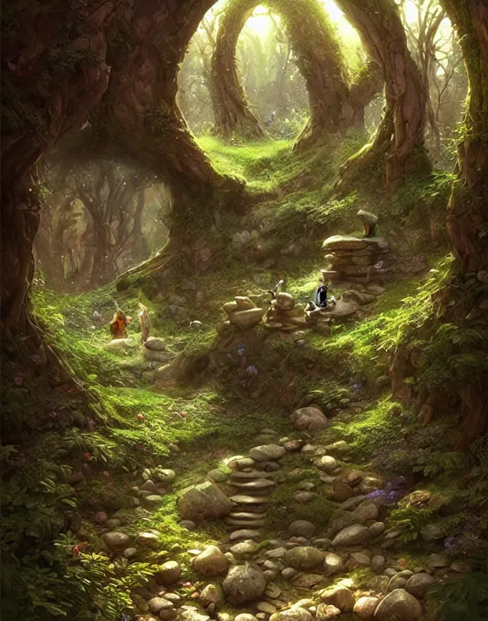 Image similar to Fantasy Magical fairy-tale stone portal in the forest. Round stone portal teleport in trees to other worlds. Fantastic landscape. Magic Altar in the fores, highly detailed, digital painting, artstation, concept art, smooth, sharp focus, illustration, art by artgerm and greg rutkowski and alphonse mucha