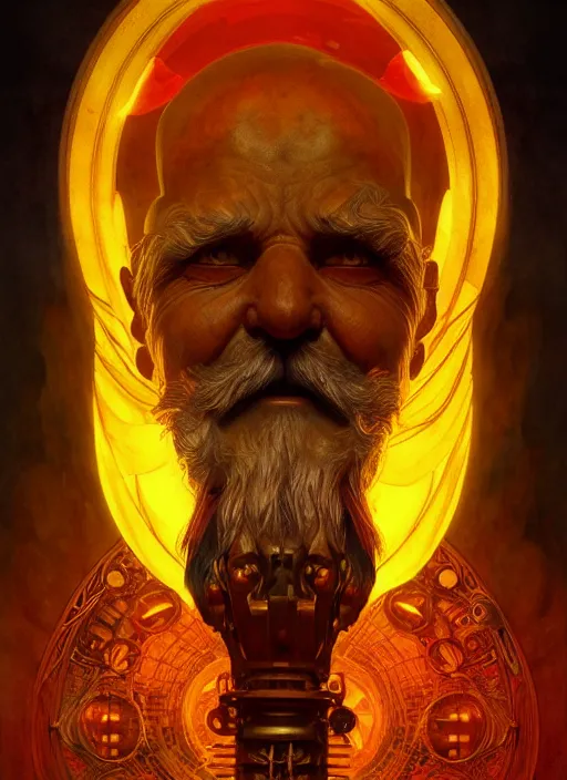 Image similar to the god hephaestus, old man, fiery hair, glowing eyes, volumetric lights, yellow and red scheme, art nouveau botanicals, gothic, intricate, highly detailed, digital painting, artstation, concept art, smooth, sharp focus, symmetric face, illustration, steampunk, art by artgerm and greg rutkowski and alphonse mucha