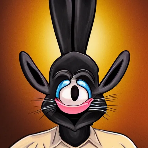 Image similar to A extremely highly detailed majestic hi-res beautiful, highly detailed head and shoulders portrait of a scary terrifying, horrifying, creepy black cartoon rabbit with scary big eyes, earing a shirt laughing, hey buddy, let's be friends, in the style of Walt Disney