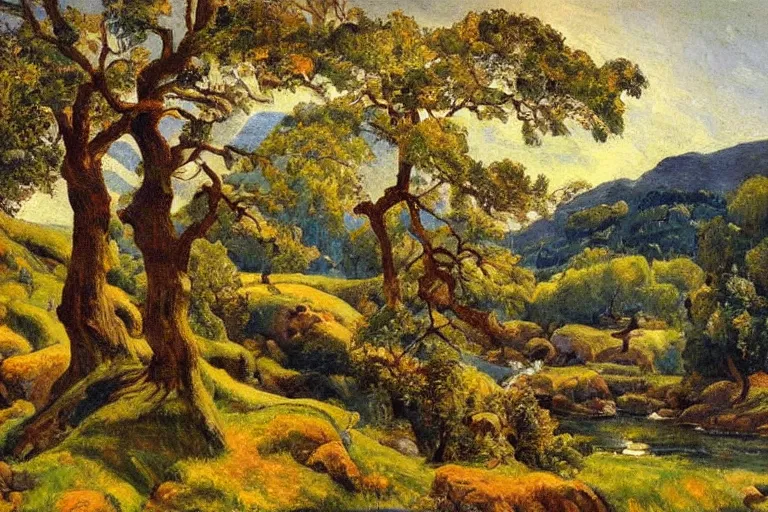 Image similar to masterpiece painting of oak trees on a hillside overlooking a creek, dramatic lighting, by frederick varley