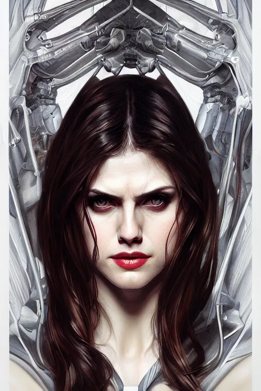 Image similar to alexandra daddario as spider girl, realistic portrait, symmetrical, highly detailed, digital painting, artstation, concept art, smooth, sharp focus, illustration, cinematic lighting, art by artgerm and greg rutkowski and alphonse mucha