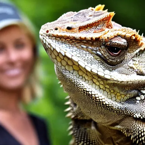 Image similar to a giant bearded dragon hanging out with blonde hair women