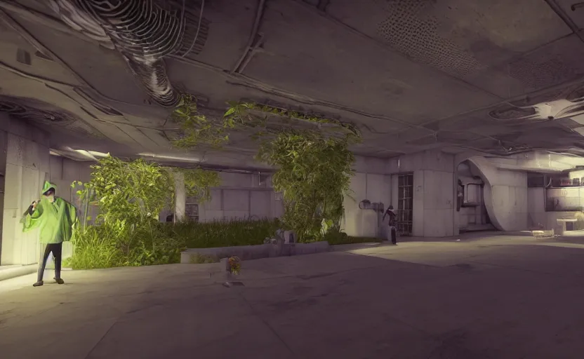 Image similar to in-game screenshot of hazmat scientists on unreal engine 5, in a liminal underground garden, photorealistic, retrofuturism, brutalism, staggered terraces, minimalist, soft vintage glow