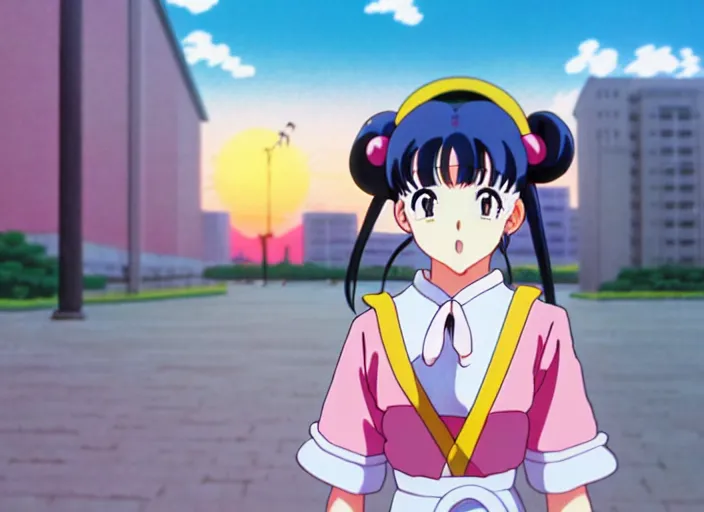 Prompt: anime fine details portrait of joyful school girl Sailor Moon stay in front of big post soviet city buildings, nature, pink sunset, deep bokeh, close-up, anime masterpiece by Studio Ghibli. 8k, sharp high quality classic anime from 2000 in style of Hayao Miyazaki