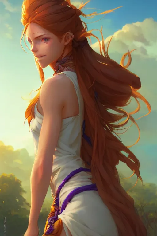 Image similar to long ginger hair, tanned woman in a prehistoric outfit, green eyes, by artgerm, hair tied in a ponytail, white backdrop, soft lighting, blue and purple colors, by greg rutkowski makoto shinkai takashi takeuchi