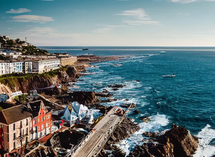 Prompt: a coastal city perched on a cliff overlooking a magnificent bay. Its main street is lined with tall and graceful buildings that are mostly constructed from white brick or stone, giving them a dignified look. a massive sailing ship with black sails on the water. rugged rocks in foreground, water, calm waves, rocky seashore, ocean, calm weather, shoreline, wooden dock. Fantasy digital painting by Greg Rutkowski. Fantasy. Digital painting. Greg Rutkowski. Fantasy artwork.