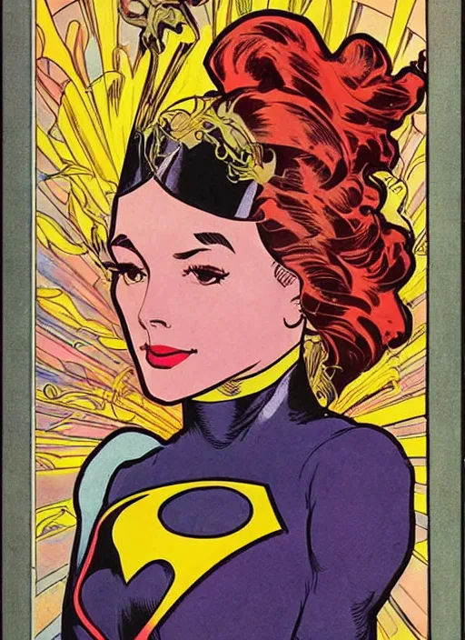 Image similar to a beautiful young woman. she is a superhero, wearing a superhero costume. well composed, clean elegant painting, beautiful detailed face. retro comic book art by steve ditko and jack kirby and ( alphonse mucha )