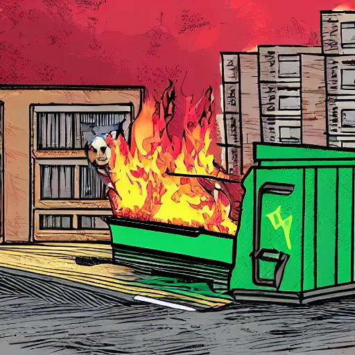 Prompt: cell shaded image of a dumpster on fire with raccoons running away