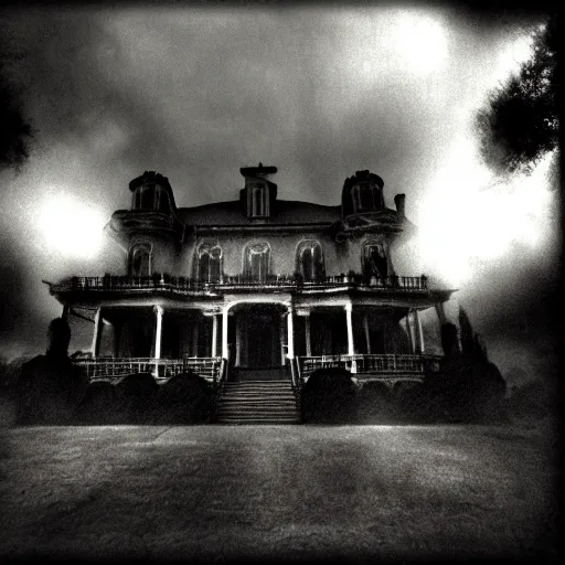 Prompt: lomo photo of haunted mansion, dark, scary, moody, gloomy, foggy