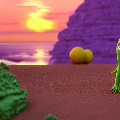 Image similar to 3 d render, of anthropomorphic lemon character that looks like a monster from the movie monsters inc, with lemon skin texture, he is wearing a hat, building a sandcastle on the beach at sunset, beach, huge waves, sun, clouds, long violet and green trees, rim light, cinematic photography, professional, sand, sandcastle, volumetric lightening