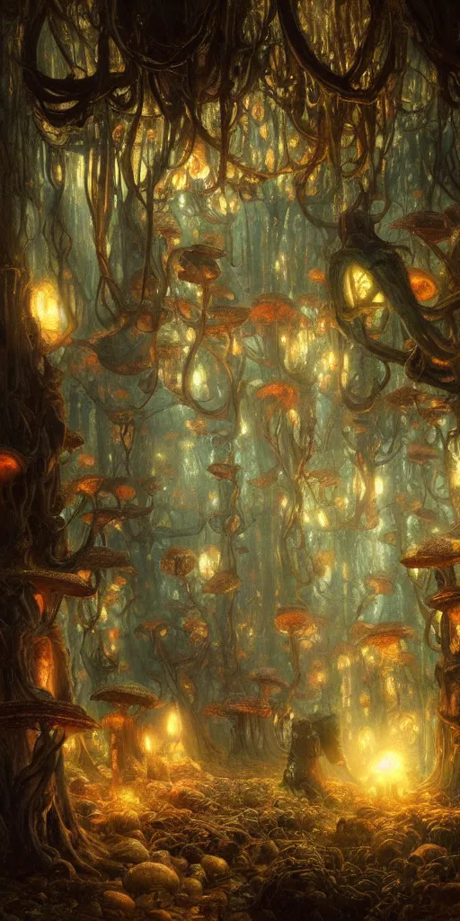 Image similar to enchanted mushroom forest, radiant light, caustics, by gaston bussiere, bayard wu, greg rutkowski, giger, maxim verehin