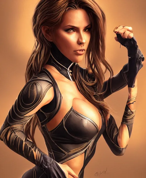 Prompt: woman in tight spandex costume, fantasy, 8 k resolution, beautiful, attractive, symmetrical portrait, detailed scenery, trending on artstation, medium shot, bust, tight fit, artgerm, elias chatzoudis