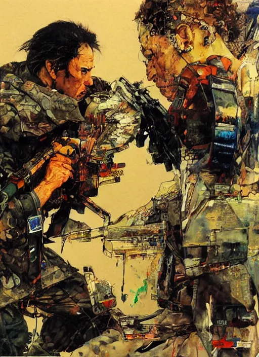 Image similar to unbelivable tension between two people, surreal, vivid colors, painting by Alexander Mandradjiev, part by Yoji Shinkawa, part by Norman Rockwell