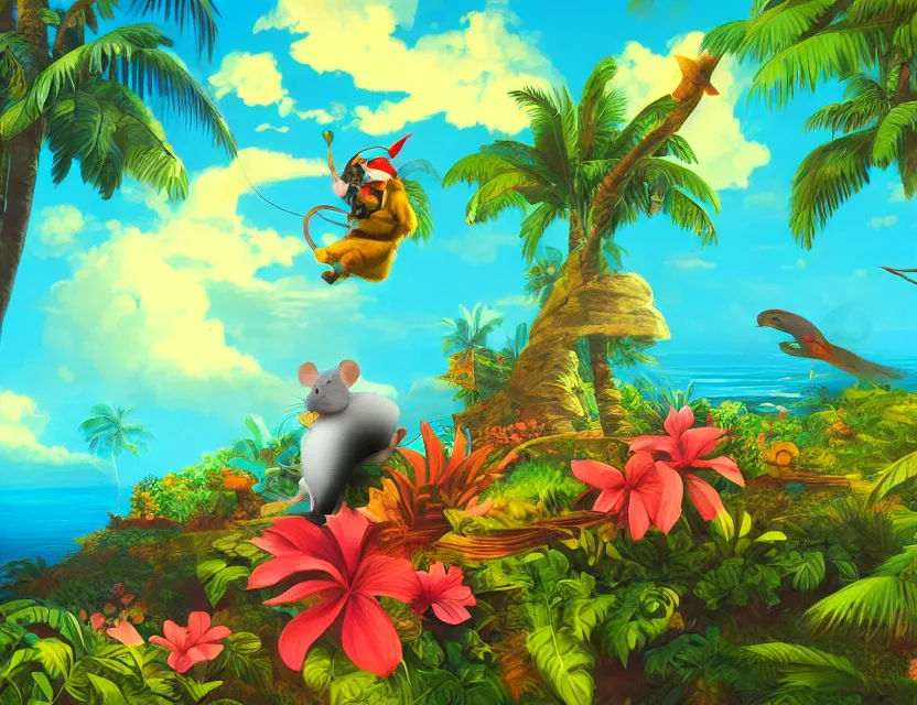 Image similar to adventurer mouse riding a bird above tropical landscape. complementary colors, vaporwave, gouache, indie concept art, bloom, chiaroscuro, backlighting, intricate details.