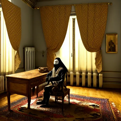 Prompt: An extremely detailed render of a mummy in very old clothes, sitting at his Louis XIV desk, with very old curtains in the room, very old room. The very very very old man has a 1880 phone on his desk. Dust in the air, god rays, raytracing shadows, ambient occlusion, 8K, RTX 3090, trending on artstation, lumens