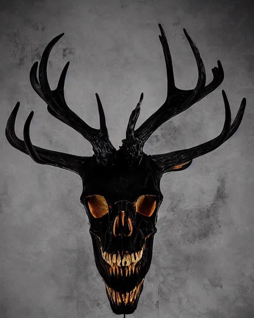 Image similar to deer - skull ghost - spirit of the grim - warpaint wears the scarlet skull armor and native blood headdress antlers, midnight fog - mist!, cinematic lighting, various refining methods, micro macro autofocus, ultra definition, award winning photo, photograph by ghostwave - gammell - giger - shadowlord