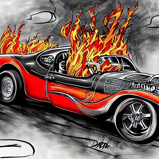 Prompt: a biker chick riding a hotrod muscle car down a street made of fire, digital painting masterpiece, by ed roth and denys cowan and rockin jellybean