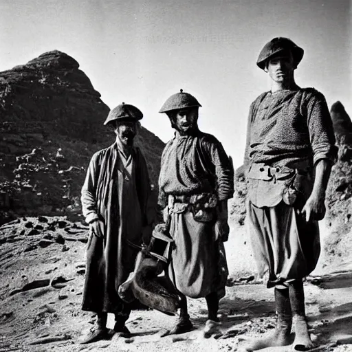 Image similar to ultra detailed photorealistic sepia - toned photo from 1 9 1 7, three clean - shaven british soldiers standing with two bedouin traders in traditional arab garb, at an archaeological dig site in wadi rum, ultra realistic, painted, intricate details, lovecraft, atmospheric, dark, horror, brooding, highly detailed, by clyde caldwell