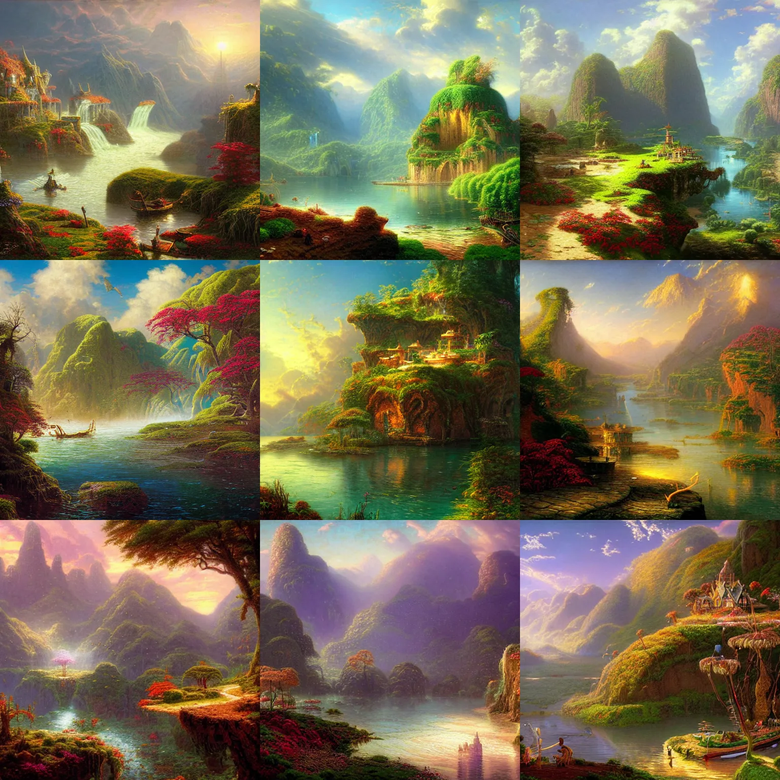 Prompt: valley on the shore of a floating island by arthur adams, thomas kinkade, igor zenin, gilbert williams, bruce pennington, martin johnson heade, andreas franke, andreas achenbach, yoshitaka amano, guy billout, artur bordello, michael cheval