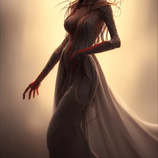 Prompt: portrait of a female elven wizard in flowing sensual dress, long flowing hair, delicate, looking at camera, slightly smiling, stylish, elegant, extremely detailed painting inspired by Gerald Brom, octane render, epic lighting