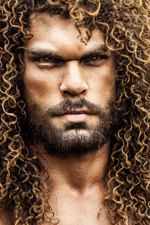 Prompt: close up, portrait of a muscular man, chiseled features, beautiful flowing brown curly hair, mythological, god of nature, defined muscles, artsy photography, film photo, 4 k, model posing, deep tan skin, trending on artstation, fashion photography, yellow eyes, overgrown background, dryad, verdant forest, face, very long luxurious hair