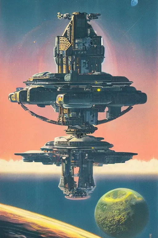 Prompt: 7 0 s travel poster for an extraterrestrial system destination, chris foss