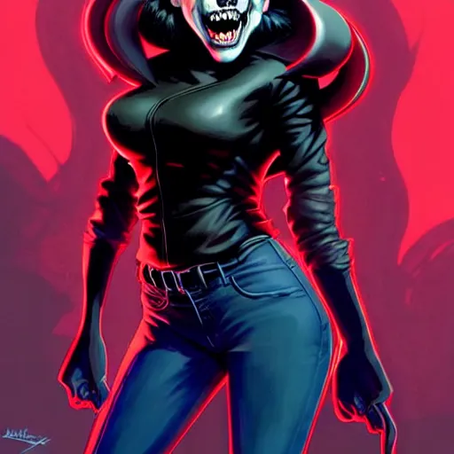 Prompt: rafael albuquerque comic art, peter mohrbacher, steve niles, artgerm, david baldeon, pretty scarlett johansson vampire sharp vampire teeth open mouth, symmetrical eyes, black leather jacket, jeans, long blonde hair