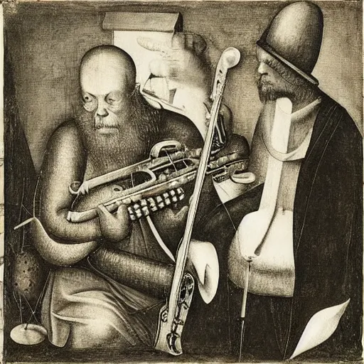 Image similar to ornette coleman and marc ribot by hieronymus bosch