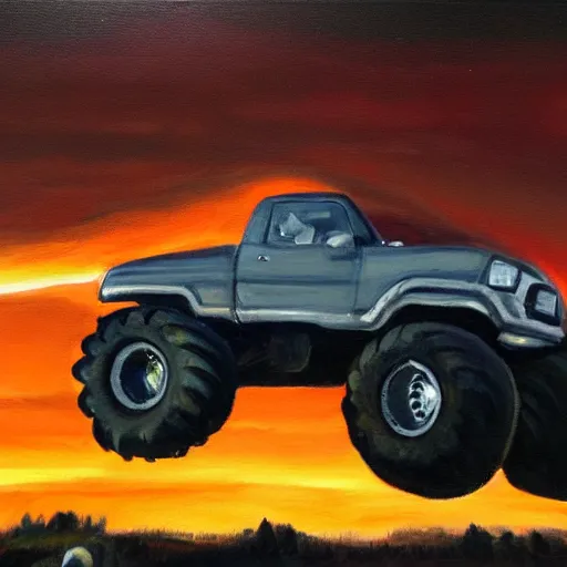 Prompt: An oil painting of a monster truck at sunset