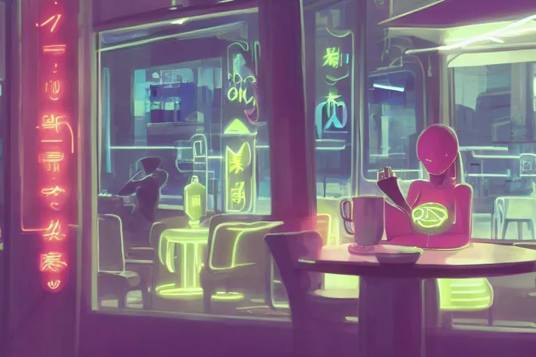 Prompt: An android with multiple arms having a cup of coffee outside a coffee shop in Japan, neon lights, digital painting, trending on artstation, deviantart, 8k, epic composition, intrinsic details, AAA graphics