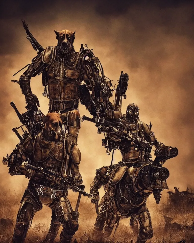 Image similar to a good ol'hound dog fursona ( from the furry fandom ), heavily armed and armored facing down armageddon in a dark and gritty version from the makers of mad max : fury road. witness me.