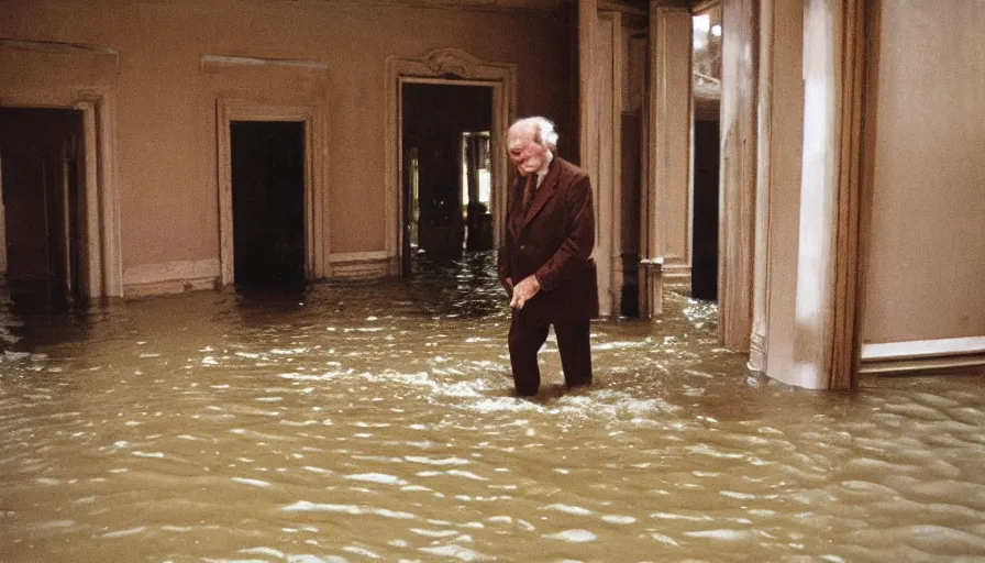 Image similar to 7 0 s movie still of an old manstanding in a soviet stalinist style palace flooded in mud, cinestill 8 0 0 t 3 5 mm eastmancolor, heavy grain, high quality, high detail