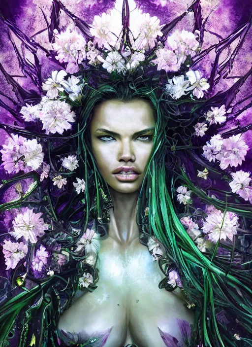 Prompt: portrait of Adriana Lima as a everreaching Goddess of despair, a futuristic diety, inside future fighter, sci-fi, fantasy, intricate, lush garden spaceship with sakura season flowers, elegant, human anatomy, royal green and nature light, highly detailed, digital painting, artstation, concept art, smooth, sharp focus, illustration, art by tian zi and WLOP and alphonse mucha, masterpiece, 3d blender