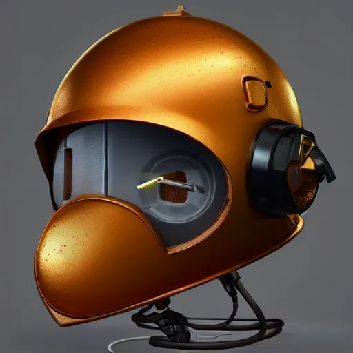 Image similar to photo of hyper detailed boxcutter hard surface modelling rear view of rusty matte oranve gold astronaut helmet, arstation, cables wires, heart symbols, unreal engine 5