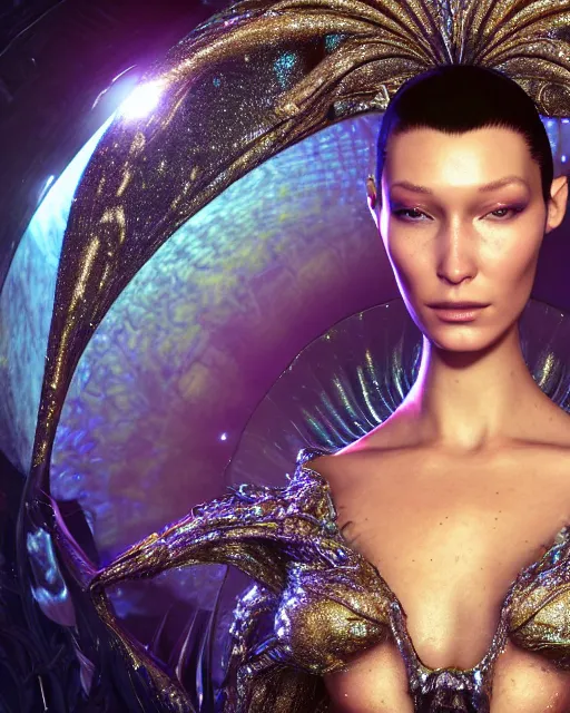 Image similar to a highly detailed metahuman 4 k close up render of an alien goddess bella hadid as alien in iris van herpen dress schiaparelli in diamonds crystals swarovski and jewelry in style of alphonse mucha gustav klimt trending on artstation made in unreal engine 4