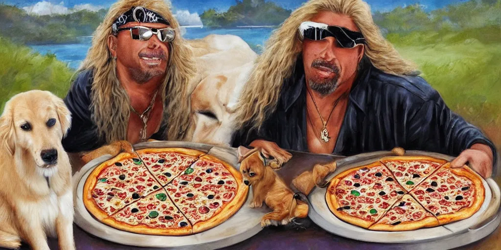 Image similar to a handsome dog the bounty hunter shares pizza with a furry, by wanda gag