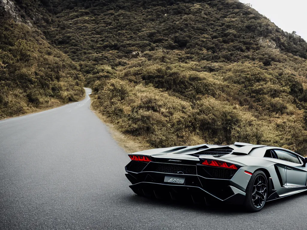 Image similar to a rear shot of a lamborghini aventador with lights on a mountain road, motion blur, 3 5 mm photography, car photography, clean lines, realistic