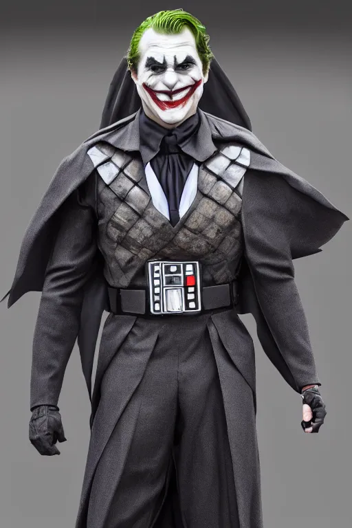 Prompt: Joker wearing vader's armor suit, cosplay, full character, highly detailed, highly realistic photo