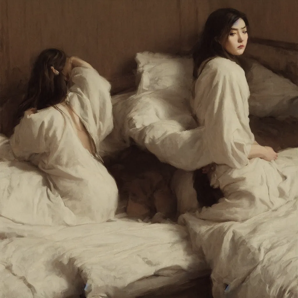 Image similar to girl with long wavy hair, in kimono, backview, sitting on edge of bed, by jeremy lipking, serge marshennikov, joseph todorovitch