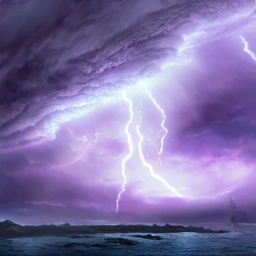 Prompt: a water giant, standing over violent stormy waters, massive electrical storm clouds in epic purple sky, dark night, digital art, cinematic, hd, trending on artstation
