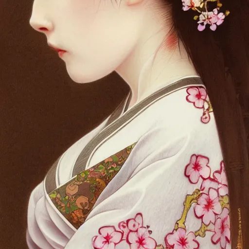 Image similar to side portrait of a young woman wearing a kimono, cherry blossom crown, long hair, hair down, headshot, hyper realistic, pale skin, 4k, rule of thirds, extreme detail, detailed drawing, trending artstation, hd, fantasy, D&D, realistic lighting, by Alphonse Mucha, Greg Rutkowski, sharp focus, backlit, elegant