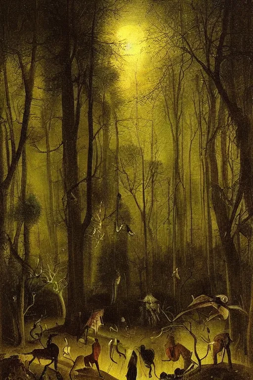 Image similar to dark and spooky painting of a forest dimly lit at night with scary hieronymus bosch creatures hiding in the woods. muted colour palette, detailed oil painting by asher brown durand