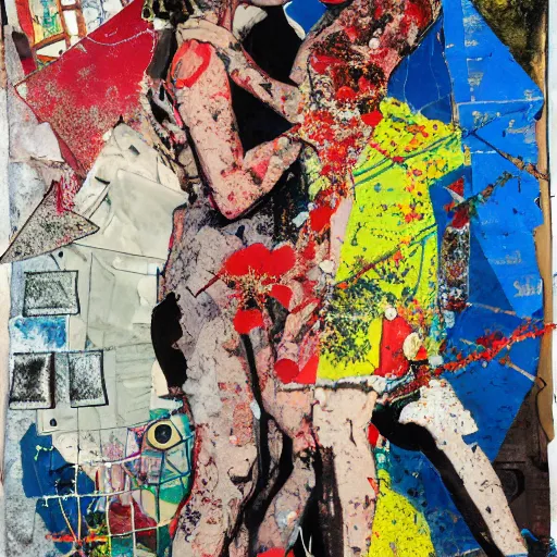 Image similar to two women kissing at a carnival in a war zone, mixed media collage, retro, paper collage, magazine collage, acrylic paint splatters, bauhaus, claymation, layered paper art, sapphic visual poetry expressing the utmost of desires by jackson pollock