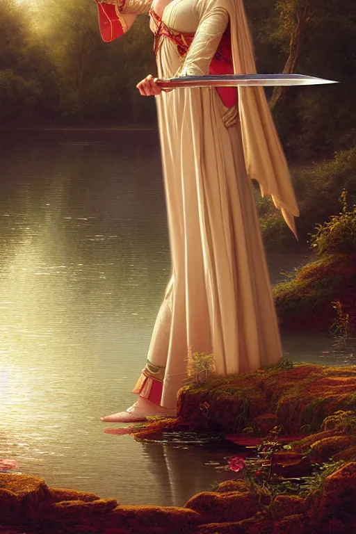 Image similar to a portrait of a sorceress dropping a sword into the lake, illustration, soft lighting, soft details, painting oil on canvas by Edmund Blair Leighton and Charlie Bowater