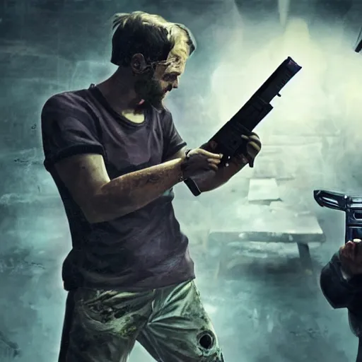 Prompt: Pewdiepie killing a zombie with a gun, dynamic lighting, oil painting, 8k, detailed, cinematic, futuristic