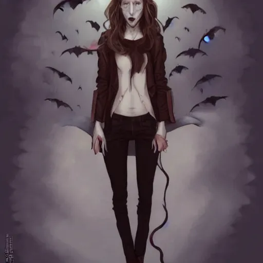 Prompt: pretty female Taissa Farmiga vampire, style ofPeter Mohrbacher, sharp vampire teeth, sarcastic smile showing teeth, symmetrical eyes, realistic face, symmetrical face, brown leather jacket, jeans, long black hair, full body