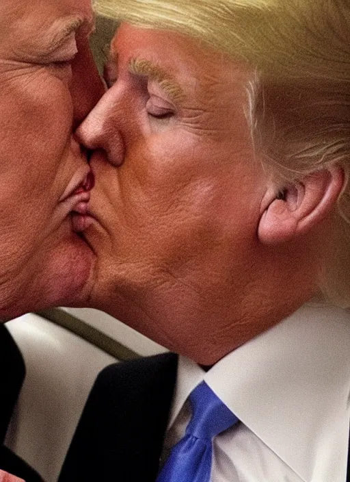 Prompt: beautiful romantic photo of donald trump kissing donald trump.