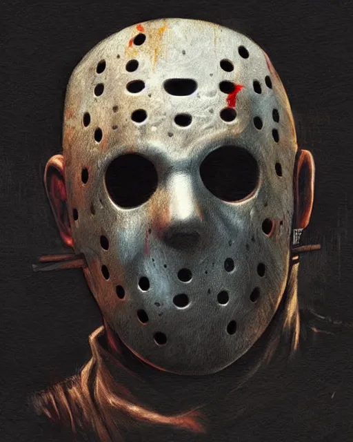 Image similar to jason voorhees, hyper realistic face, horror, fantasy art, in the style of greg rutkowski, intricate, hyper detailed