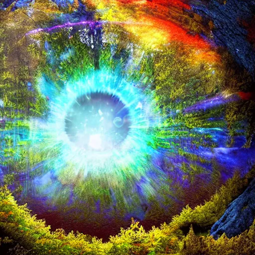 Image similar to A photo realistic green forrest with blue skies, a portal with a blue and orange nebula is showing at the back