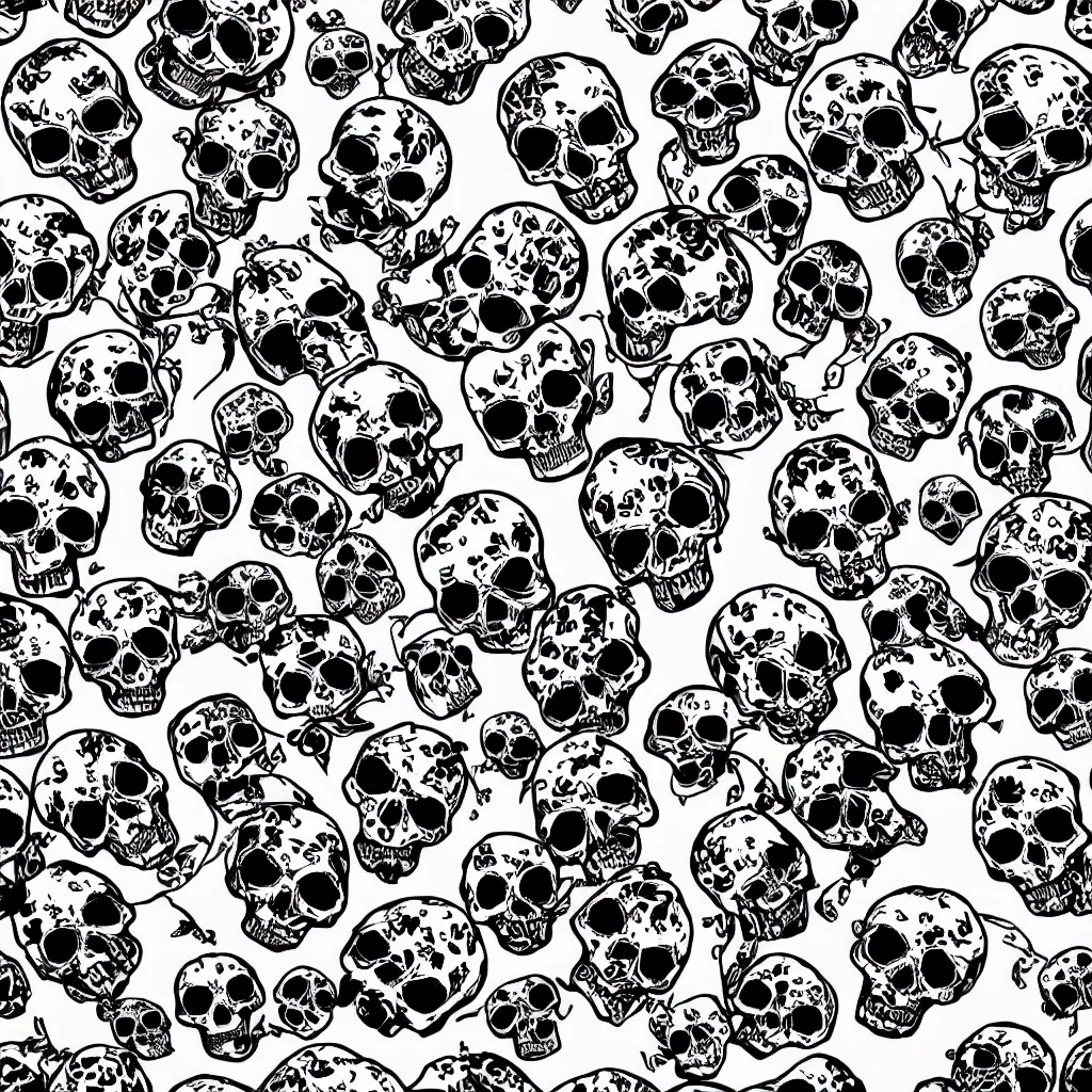 Image similar to seamless pattern showing skulls. black and white, drawing, white background, seamless, ornament.